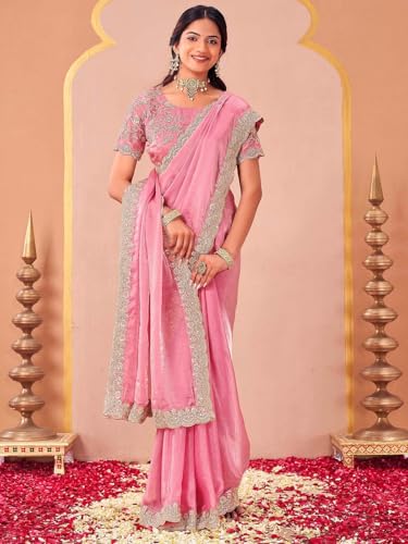 Image of SIRIL Women's Tissue Silk Sequins Embroidery Saree with Unstitched Blouse Piece