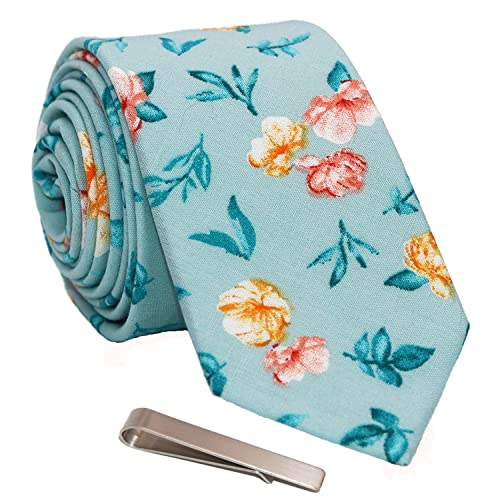 Image of Men's Skinny Tie Floral Cotton Necktie and Tie Bar Clip Sets, Great for Weddings,Groom,Groomsmen