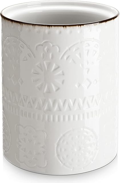 LIFVER Kitchen Utensil Holder, 7.2 Utensil Pot for Countertop, White Farmhouse Utensil Holder with Cork Mat, Large Cream Utensils Crock Ceramic for Christmas Décor, Housewarming Gifts, 18.3 x 15.7cm