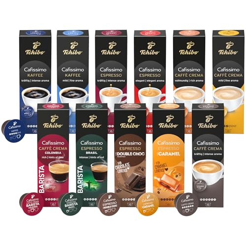 Tchibo Cafissimo Probierset verschiedene Sorten Caffè Crema Espresso und Kaffee 110 Stück (11x10 Kaffeekapseln) nachhaltig & fair gehandelt