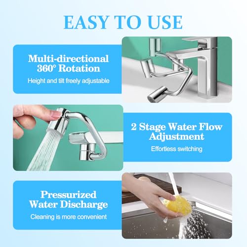 KENPOJO Embout Robinet Cuisine Rotatif à 1080°, Adaptateur Mousseur Robinet Cuisine Durable Anti-éclaboussures avec 2 Modes Mousseur, Rallonge Robinet Cuisine pour Évier de Bain Lavabo & Cuisine – vue 3