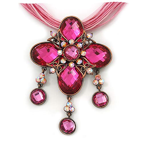 Cruz de diamantes rosa con gargantilla de algodón negro y metal de bronce de 38cm + 7cm