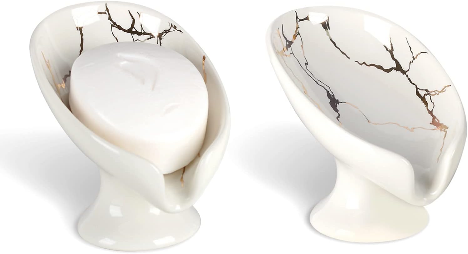 Soap Dish Set, Self Draining Bar Soap Holder for Bathroom Sink, Leaf Shaped Drainage Ceramic White Marble Porcelain Soap Dishes, Kitchen Decorative Soap Dish 2PACK, ANTIS'S HOME