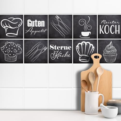 GRAZDesign Fliesenaufkleber Anthrazit mit Spruch Guten Appetit für Küche | alte Küchen-Fliesen überkleben | Fliesenbild selbst gestalten (10x10cm // Set 10 Stück)