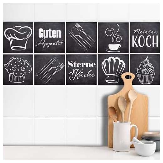 GRAZDesign Fliesenaufkleber Anthrazit mit Spruch Guten Appetit für Küche | alte Küchen-Fliesen überkleben | Fliesenbild selbst gestalten (10x10cm // Set 10 Stück)