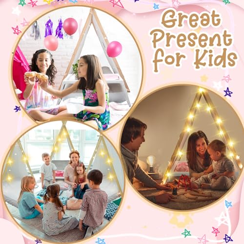 Windyun 6 Sets Kids Teepee Tent with Lights, Inflatable Airbed Teepee Tent for Kids Cotton Toddler Tent Kids Play Tent Washable Foldable Tent for Indoor Outdoor Boys and Girls Play Tent