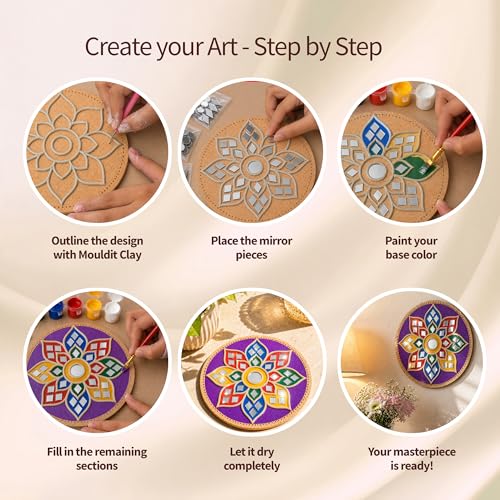 Image of Mind Pilot Lippan Art Kit for Adults & Kids | DIY Mirror Art & Clay Wall Decor Kit - 2 Pre-Marked Coasters, Mouldit Clay, 150+ Mirror Pieces, 12 Colours | Make-Your-Own Home Decor & Craft | Birthday Return Gift