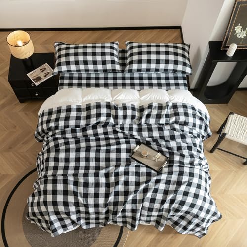 EVERLY Linen Sheets Set Full Size,100% French Stonewash Pure Linen Sheets Set,4Pieces (1Flat Sheet,1Fitted Sheet,2Pillowcase) Suitable for Hot Sleepers,Deep Pocket Natural Bedding Set-Black Plaid