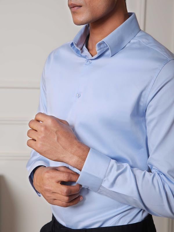 Image of SUBTRACT Men's Slim Fit Solid Spread Collar Cotton Satin Evening Shirt | Stylish Men's Wear Shirt for Office or Party