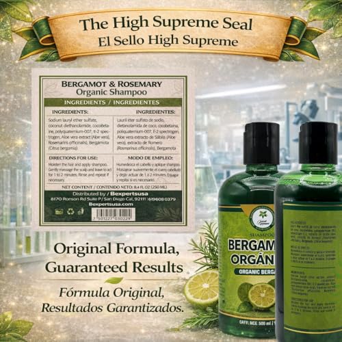 HIGH SUPREME Shampoo organic bergamot (16.9 fl oz) with aloe vera & rosemary SHAMPOO ORGANICO BERGAMOTA con Sabila & Romero Cont. net. 500 ml