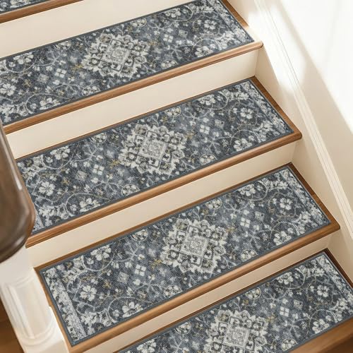 JSEI Stair Treads for Wooden Steps, 15 Pack 8" X 30" Non-Slip Machine Washable Carpet Stair Treads with TPE Backing, Soft Indoor Stair Rug Runner for