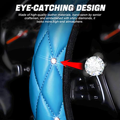 Diamond Soft Leather Steering Wheel Cover, 15 Inch Bling Elastic Steering Wheel Protector With Sparkly Crystal Rhinestones, Auto Accessories Universal For Suv, Truck, Van, Car (Blue) #TOP2