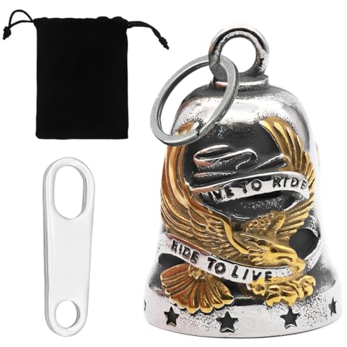 PEVRUAY Campana Guardian Moto Amuleto de la Suerte – Campanilla Motera con Diseño Alas+Estrellas, Porta Llaves Live to Ride para Motociclistas, Accessorio Regalo Protector para Moto/Ebike