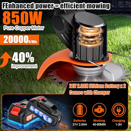 Stringless Weed Wacker 21V Electric Weed Wacker Cordless with Wheels, 2pcs Batteries&4Types Blades,3-in-1 Grass Trimmer/Brush Cutter/Edger Lightweight Weed Trimmer for Thick Weeds&Yard Garden by jinniusk - Image 3