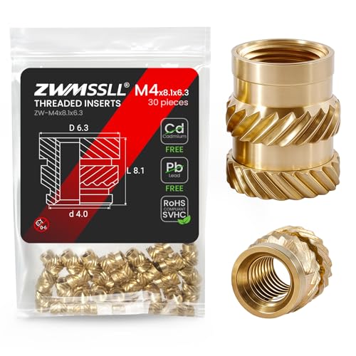 ZWMSSLL M4 Heat-Set Threaded Inserts, M4x8.1x6.3mm(30Pieces) Heat Set Insert for 3D Printing Components and Plastic Parts,Brass Metric Knurled Nuts