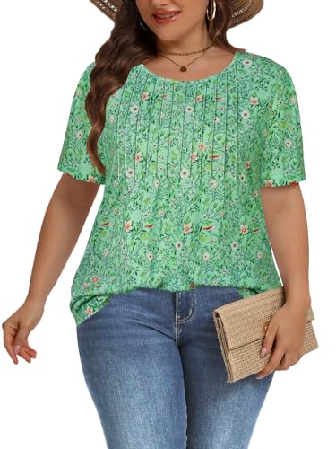Image of Plus Size Tops for Women Pleated Summer Top Trendy Short Sleeve Shirts Casual Basic Tee Crew Neck Blouses 2026