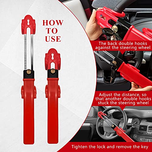 LOCKIETTA Vehicle Steering Wheel Lock Anti-Theft Car Security Device, Adjustable Length Clamp Double Hook Locks Universal Fit for Cars, Trucks, Vans, and SUVs, Heavy Duty Secure Device (Red)