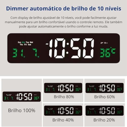 Despertador Digital com luz LED, Relógio de LED para quarto, com visor de temperatura, brilho ajusta