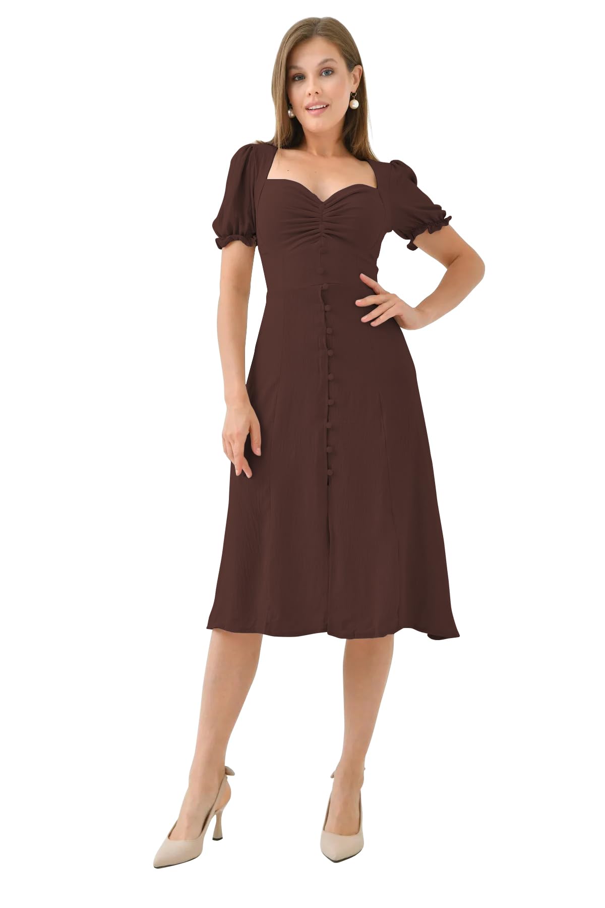 shasmi Girl's & Women's Solid Midi Dress – Elegant Square Neck Button-Down Dress with Puff Short Sleeves | Stylish Casual & Party & Office Wear Outfit (Dress 105)-picture-19
