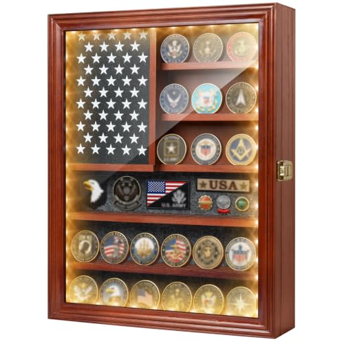 JNATER Challenge Coin Display Case - Military Coin Holder with LED Light, Challenge Coin Holder With Removable Star Board, Solid Wood Wall Mount Coins Collection Rack Stand, Gift for Collectors(Brown) by JNATER - Used condition - US$35.75