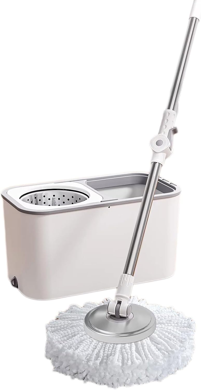 Floor Spin Mop and Bucket Set with Wringer System, 360° Rotating Mop and Extended Stainless Steel Handle 53.5＂for Home Floor Cleaning Use,3 Mop Heads