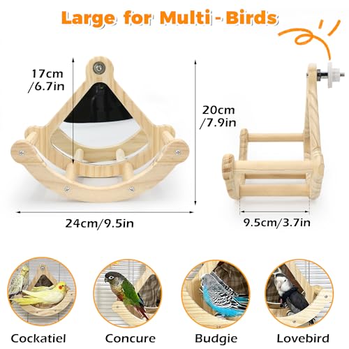 Image of Rocking Bird Perch Toy with Mirror for Cage, Enrichment Parakeet Toys | Wood Exercise Wheel Cockatiel Toys, Birds Enrichment Toy for Parrot, Interactive Cage Accessories Perch for Budgie Conure