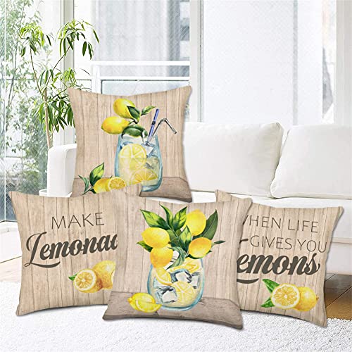 Doitely Summer Lemonade Pillow Covers 18X18 Set Of 4 Lemon Pillows Decorative Throw Pillows When Life Gives You Lemons/Make Lemonade Cushion Case For Farmhouse Outdoor Sofa Chair Decor #TOP2