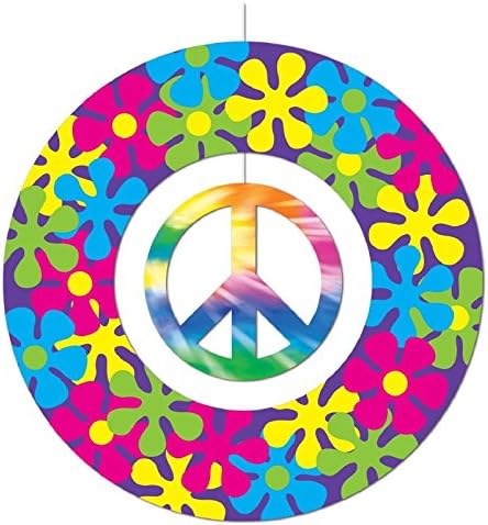 Beistle Club Pack 60s Theme Party Bright Colored Flower and Dangling Peace Sign Mobile Decoration, Box of 12 Decorations.