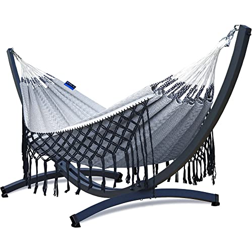 Potenza Outdoor Hängematte mit Gestell für 2 Personen I Medelin - 100% Baumwolle Doppelhängematte 230x160, 200kg I Verzinkter Hängemattengestell 350 kg, wetterfest