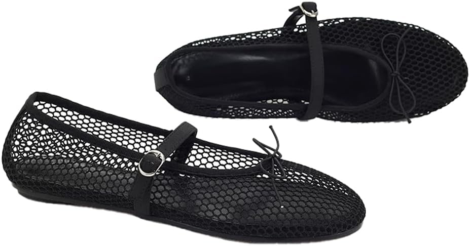 Mesh Ballet Flats - Mary Jane Flats with Bow Decoration, Adjustable Strap Breathable Mesh Dress Shoes, Non Slip Elegant Casual Footwear for Party Daily Outdoor Shopping Wear