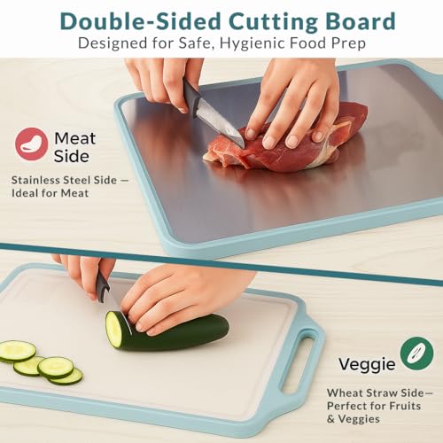 Image of Homeze Double Sided Chopping Board 40x30 cm | Stainless Steel & Wheat Straw Cutting Board | Heavy Duty Non-Slip Kitchen Board | BPA Free, Odour Resistant, Dishwasher Safe