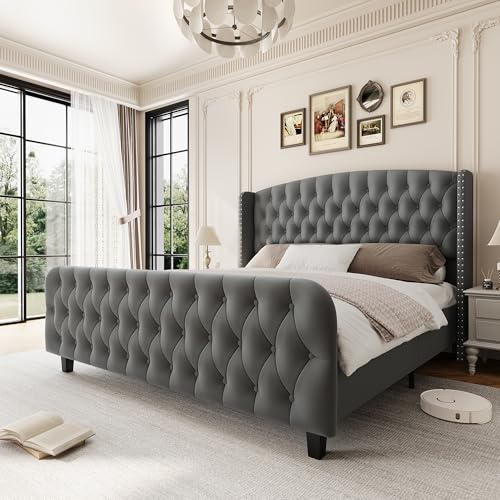 GarveeHome 51" Tall King Size Bed Frame with Deep Button Tufted Wingback Headboard and Footboard, Velvet Upholstered Platform Bed Frame, No Box Spring