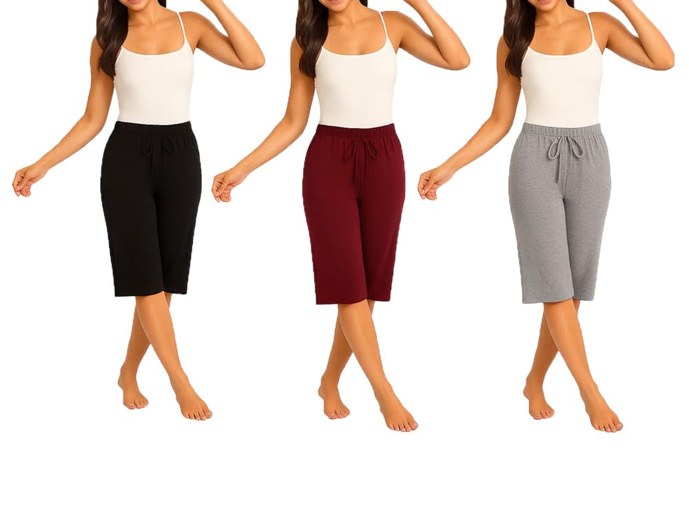brand flex Women's 3/4th Capri, Cotton Capri With Loosefit For Women (Black, Grey, Marrone) 3Pack-picture-32