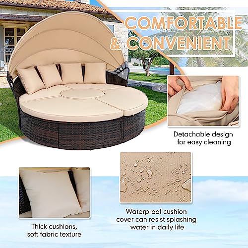 SUNCROWN Outdoor Patio Round Daybed with Retractable Canopy, Brown Wicker Furniture Sectional Couch with Washable Cushions, Backyard, Porch