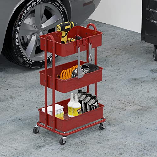 Image of Simple Houseware 3-Tier Heavy Duty Metal Utility Rolling Cart, Red