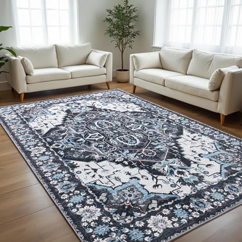CRYPTOLITE 8x10 Area Rugs for Living Room, Machine Washable Non-Slip Low Pile Faux Wool Boho Vintage Carpet, Non-Shedding Large Rug for Bedroom Dining Room Office, Black