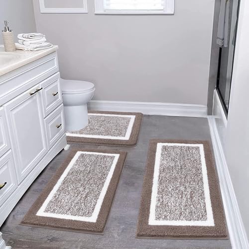 Pauwer Bathroom Rug Set - 3 Piece Shower Mats with U-Shaped Contour Toilet Mat, Absorbent Microfiber Plush Bath Mats, Non Slip, Machine Washable Shaggy Floor Mats
