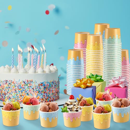 Image of 100 Pcs 6 oz Ice Cream Cups Paper Disposable Dessert Bowls Paper Ice Cream Sundae Bowls Bulk Dessert Cups Yogurt Snack Soup Containers for Cold or Hot Food Summer Birthday Party Supplies