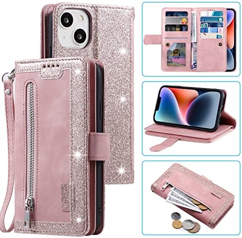 UEEBAI Wallet Case for iPhone 13 mini 5.4 inch, Retro 9 Card Holder Slots Zipper Pocket Handbag Case PU Leather Magnetic Closure Kickstand with Wrist Strap TPU Shockproof folio Case - Rose Gold