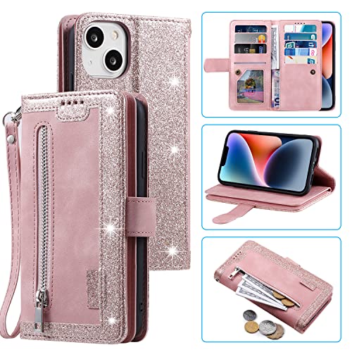 Coque iPhone 13 portefeuille en cuir mat rétro avec fermeture à glissière rose rose