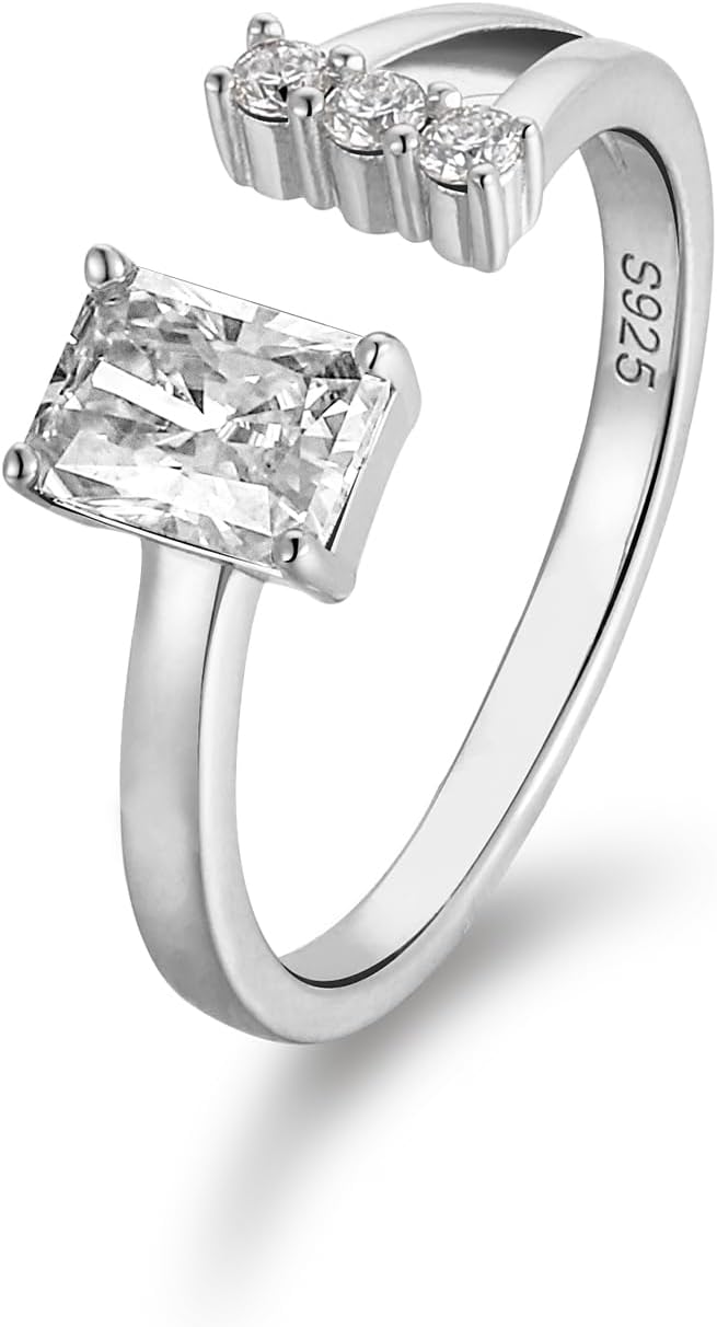 FWM Moissanite and Emerald Square Open Rings for Women, Adjustable Wedding Band, Solid Sterling Silver With Gold Plated, Stackable Ring, Anniversary Christmas Valentines Mothers Day Jewelry