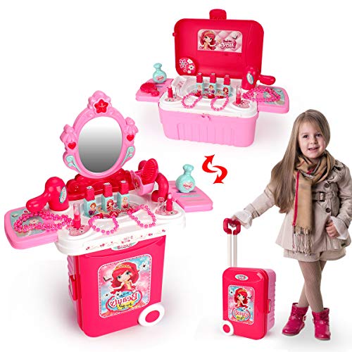 Toy Pretend Beauty Playset, Makeup Vanity Travel Suitcase with Mirror Cosmetic Toy Set, Pretend Beauty Dress-up Salon Hair Dryer for Kids Girls 3 4 5 6 Year Old