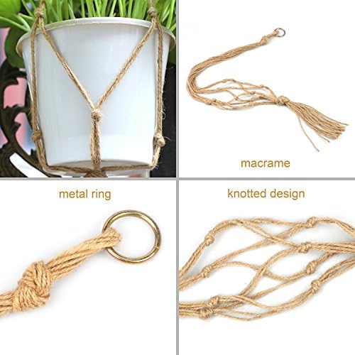 KissDate 5 Pack Jute Rope Plant Hanger with 5 Pack Hanging Hooks, Flower Pot Plant Holder for Indoor Outdoor Decorations, 4 Legs1 Pieces 120cm, 2 Pieces 105cm, 2 Pieces 90cm