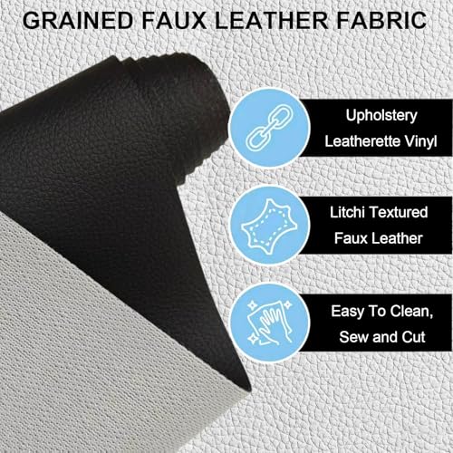 JERLITU 50cm x 140cm Grained Faux Leather Fabric, Upholstery Leatherette Vinyl Leathercloth Litchi Leather Fabric for Upholstery Sewing Chairs Sofa Car Seats, Black Half Metre - Image 2