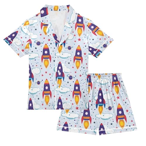 ALAZA Spaceship Cloud Star Pajamas Satin Pajama Set Short Sleeve Button Down Sleepwear