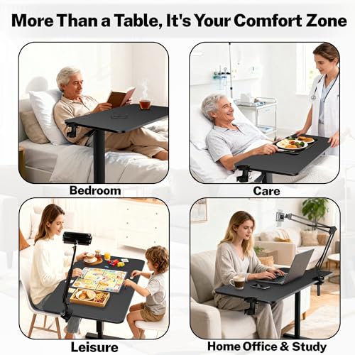 Corubak Adjustable Overbed Bedside Table with Wheels(31.2\" W), Hospital Bed Table Over The Bed, Mobile Standing Desk Rolling Computer Cart, Laptop Desk with Cup Holder, Phone & Tablet Holder