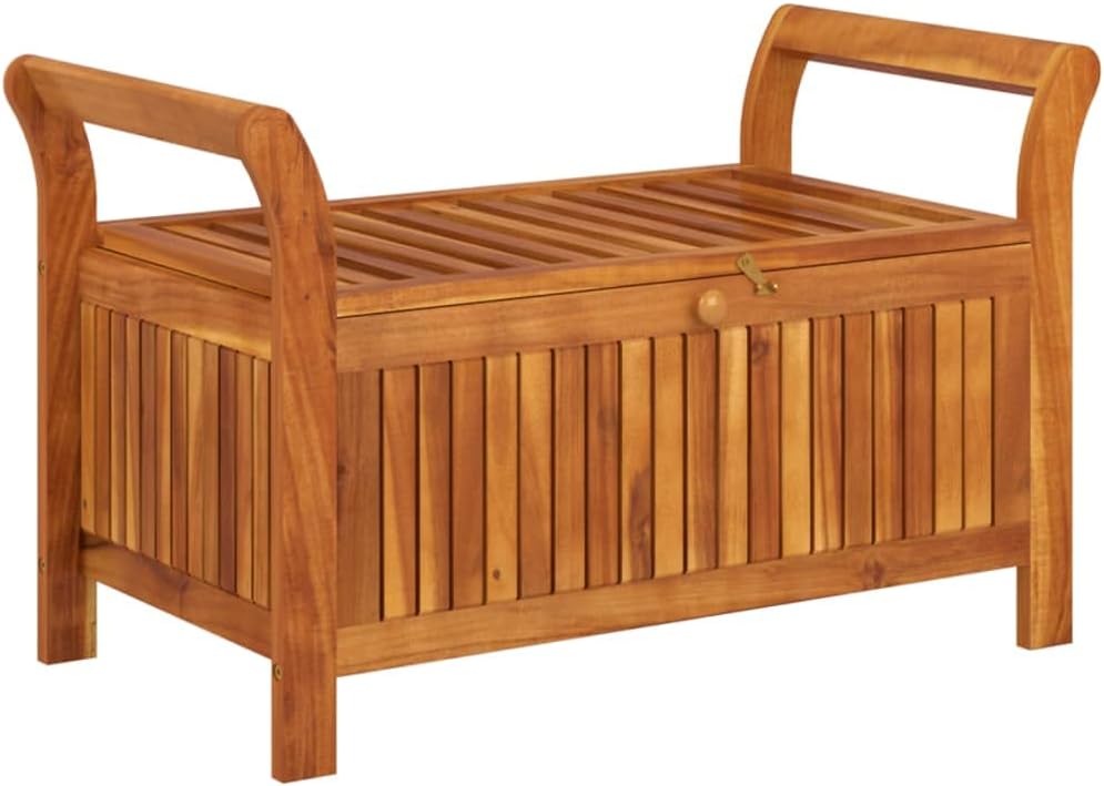 Wooden Outdoor Patio Storage Bench Large Deck Box with White Cream Cushion 35.8"x19.7"x23.6" Solid Wood Acacia Storage Box Deck Box with Seat for Garden, Balcony, Porch, Pool,Yard