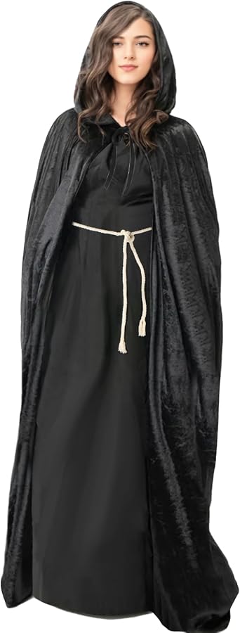 Halloween Hooded Cloak Velvet Cape, Adult Vampire Witch Wizard Robe, Party Cosplay Costumes Black