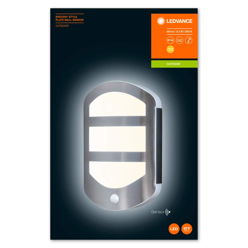 LEDVANCE Applique et plafonnier LED, luminaire design en optique plate pour extérieur avec détecteur de mouvement, blanc chaud (3000K), 13W, ENDURA STYLE PLATE WALL SENSOR