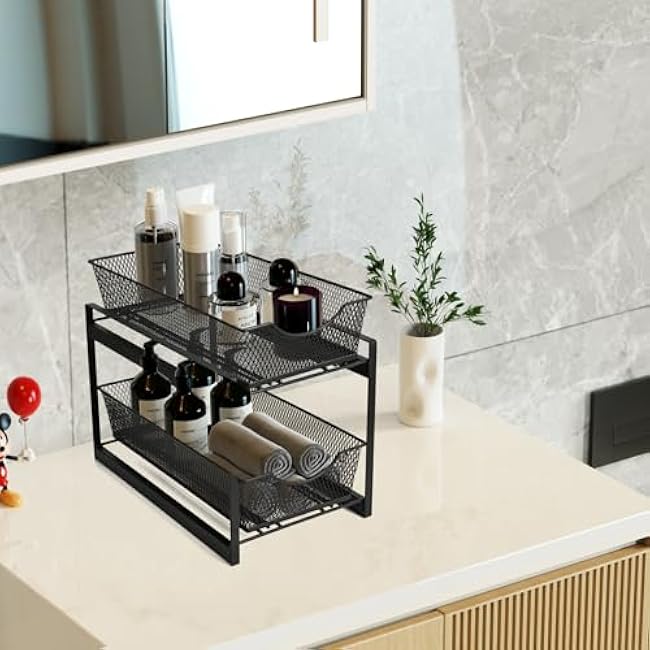 IBERG Under Sink Organizer - 2 Tier Versatile Mesh Metal Organizer, Ideal for Kitchen, Bathroom & Pantry Organization and Storage (Black)